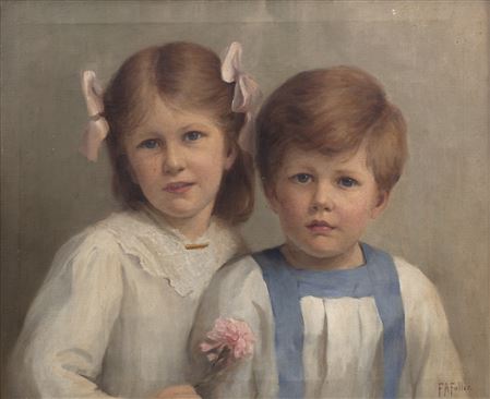 Portrait of a young girl and boy, she with pink ribbons to her hair, and holding a rose