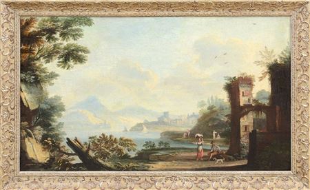 River landscape with figures and ancient tower