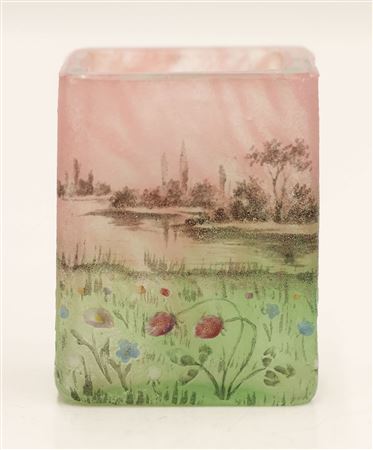 Miniature Garden Lake Scene Cameo Glass Square Vase