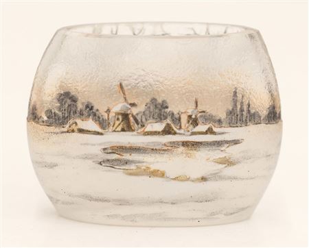 Miniature Dutch Winter Scene Cameo Glass Pillow Vase
