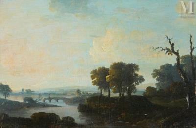 River landscape with a bridge surmounted by a sculpture