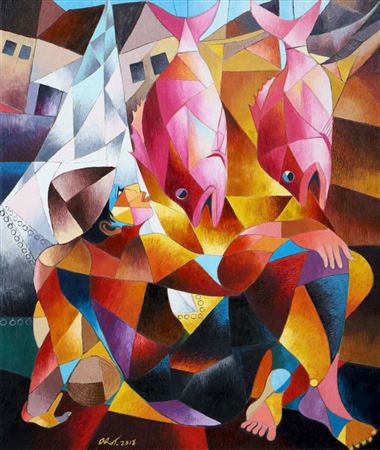 Sample artwork by Dirot Kadirah (Born 1972), known for high color cubist painting with interactive figures and fish - View similar artists and auction records