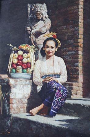 Balinese Girl Sitting in Front of the Temple (Gadis Bali Duduk di Depan Pura)