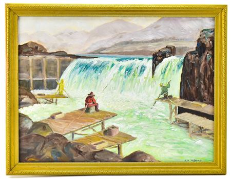 "INDIANS CATCHING SALMON, CELILO FALLS, 1955"