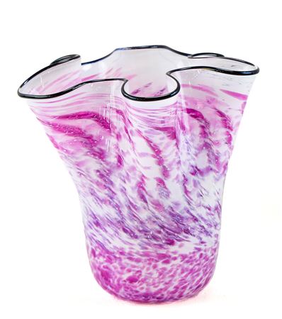 HAND-BLOWN RUFFLED PINK ART GLASS VASE