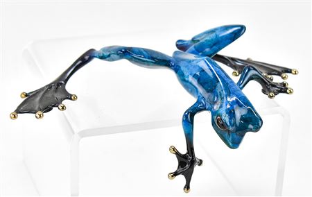 "BLUE OVER THE EDGE" BRONZE FROG SCULPTURE