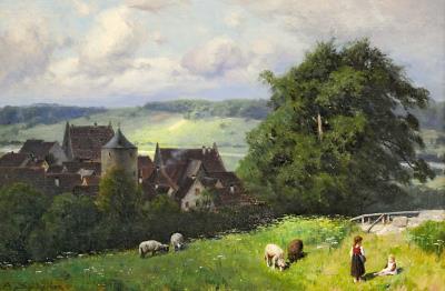 Children with sheep in a meadow before Sommerhausen