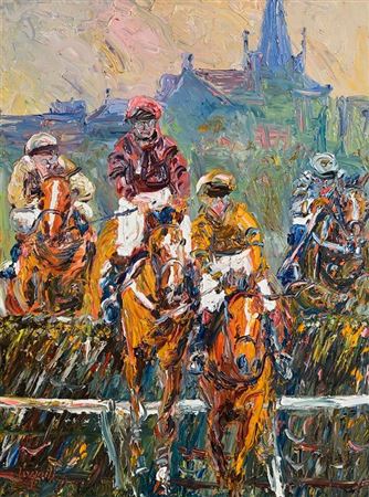 Jumping the Last at Listowel with Church Spire in Background