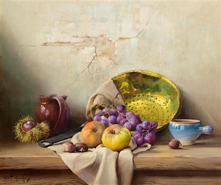 Brass Collander, Fruit and Pottery