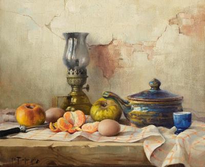 Still Life With Fruit, Lamp and Pot