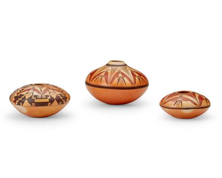 Three polychrome yellowware pottery seed jars by Vernida Nampeyo - Auction record, sale price, and art valuation. Compare with similar artists and explore comparable artworks.
