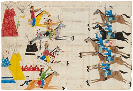 US Cavalry attacking warriors and an encampment