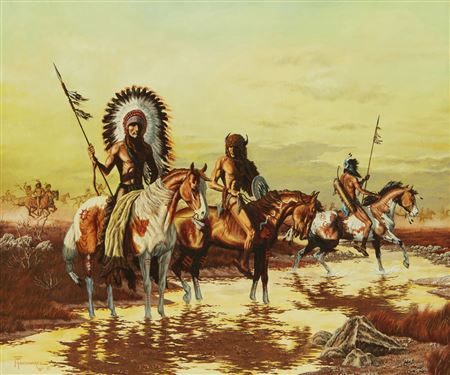 Native Americans on horseback along a river valley, 1981