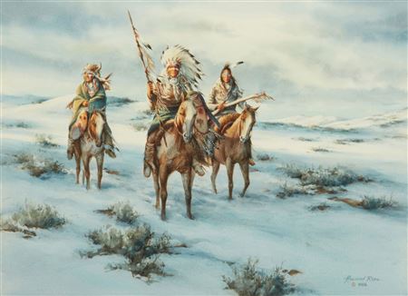 Native Americans on horseback in a winter landscape, 1988