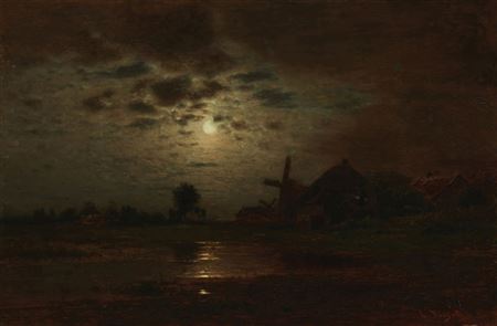 "Landscape with Cottages in Moonlight"