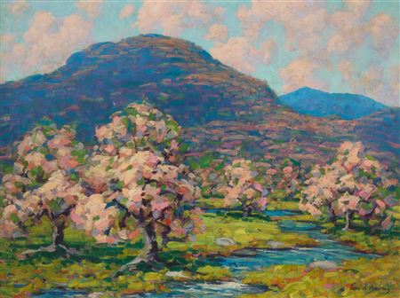 Landscape with apple blossoms, likely Catskills