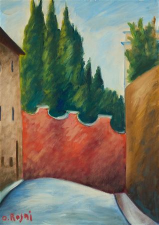 Street view with red wall