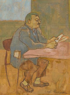 Seated man reading a newspaper or racing form