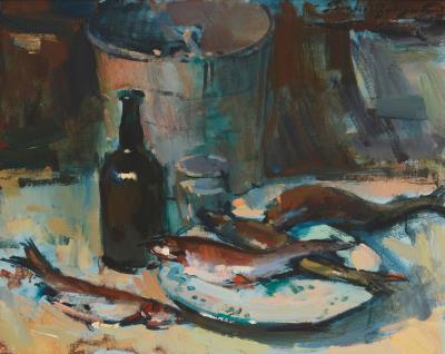 Still life with fish and wine bottle