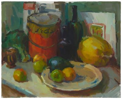 Still life with fruit and a paint can
