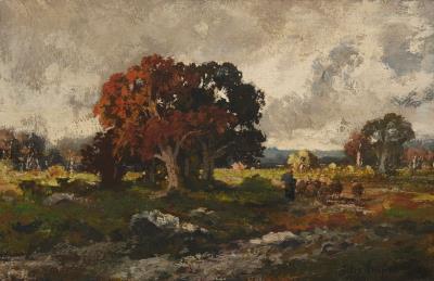 Shepherd with flock of sheep