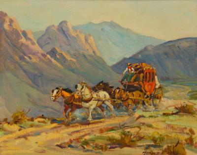 Red wagon through a western landscape