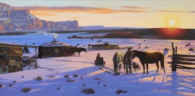 Family outside the hogan in winter, 1997