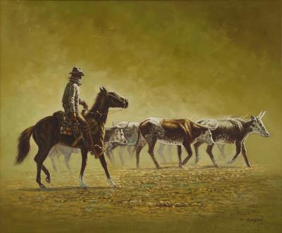 Mounted cowboy herding longhorns