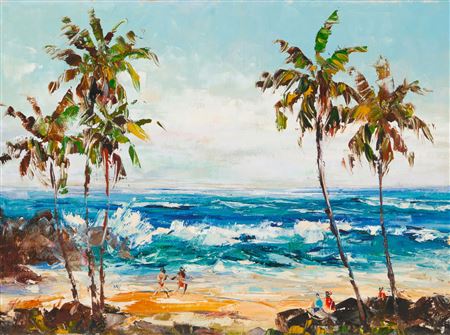 Hawaiian cove with palm trees and figures