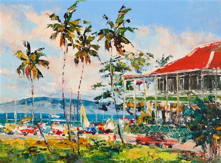 Hawaiian waterfront city scene, 1973