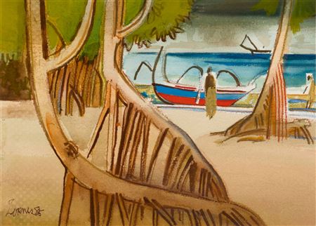 Beach scene with figure and boat, 1986