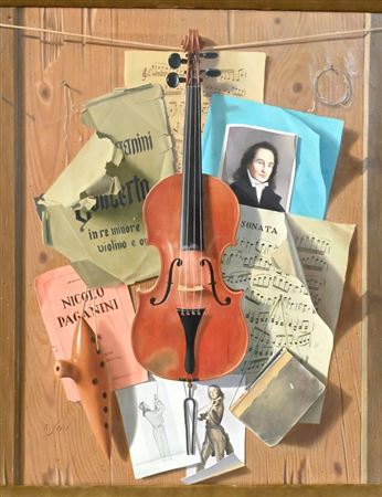 Trompe L’oeil Music Still Life featuring violin, music sheets, and portraits