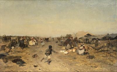 On a Hungarian potters market, in the background bolting horses