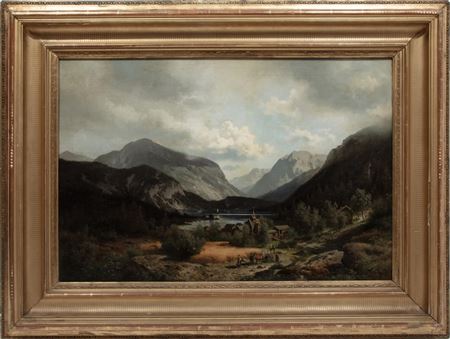 Alpine Lake with Figures on a Village Road