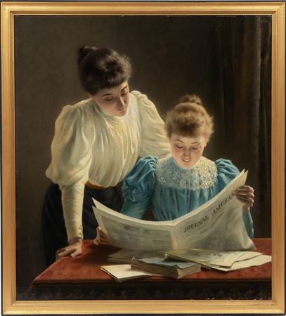 Two Young Women Reading a Newspaper