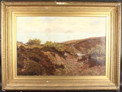 Sheep on a rocky coastal path with a sea view beyond by Herbert Moxon Cook - Auction record, sale price, and art valuation. Compare with similar artists and explore comparable artworks.