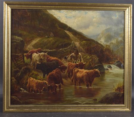 Mountain landscape with Highland cattle watering