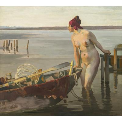 Female Nude with Boat on the Lakeshore