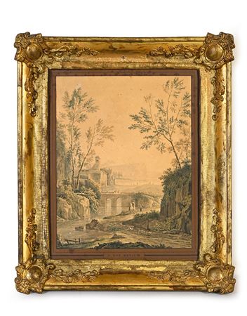 "Walkers on a riverside path with an aqueduct"