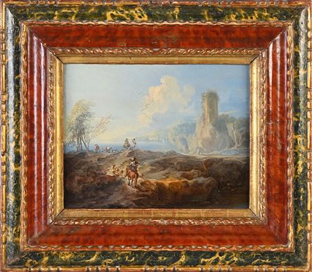 "Cavaliers conduisant leur troupeau au bord d'un rivage méditerranéen" "Hussars et troupeau au bord d'un rivage" (Horsemen leading their herd along a Mediterranean shore)