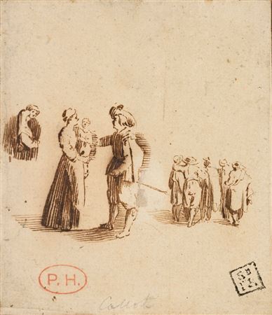 "Three studies: man in straight profile, Mother and child bidding farewell to a gentleman, and group of figures"