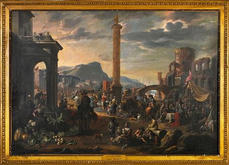 Scene of an imaginary Mediterranean port animated by ships