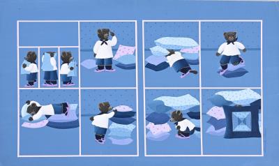 Little brown bear plays with cushions