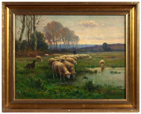 Shepherd and his flock at the pond