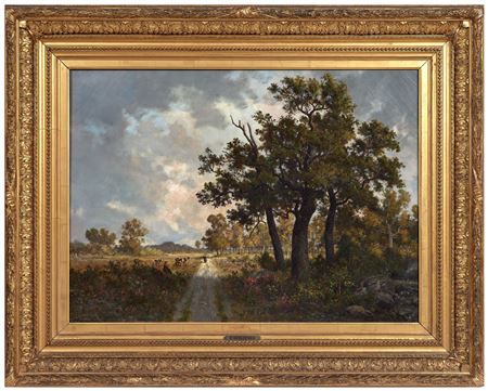 Farmer and her cows on the Auvergne road, Fontainebleau forest by Ernest Guillemer - Auction record, sale price, and art valuation. Compare with similar artists and explore comparable artworks.