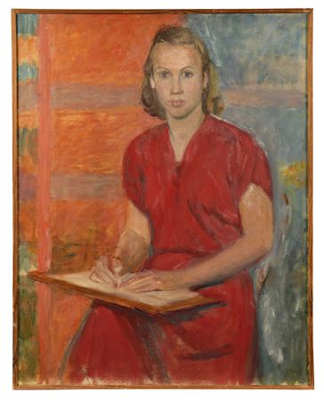 Woman in a red dress, circa 1942-43