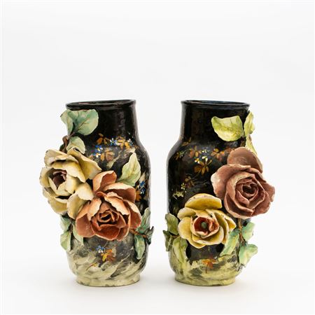 Pair of French Barbotine Majolica Vases