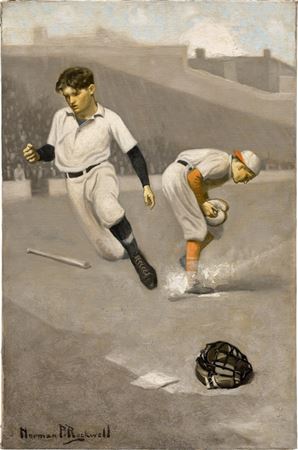 Danny the Freshman, 'With the grass wet and slippery fast fielding was out of the question, and Calkins was home before the ball.'