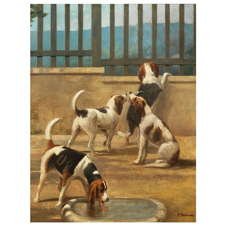 FOUR HOUNTING DOGS IN A FENCE