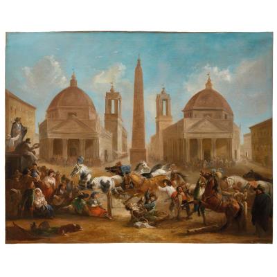 THE RACE OF THE BERBER HORSES IN PIAZZA DEL POPOLO by Thomas Jones Barker - Auction record, sale price, and art valuation. Compare with similar artists and explore comparable artworks.